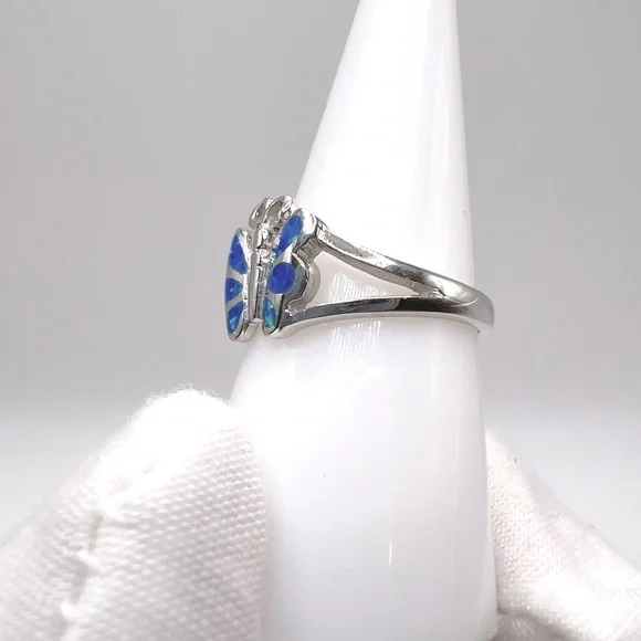 Sale $18 Firm! .925 Sterling Silver Lab Created Blue Opal Butterfly Ring - Picture 12 of 14
